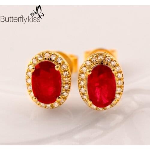 BK 18k Genuine Gold 585 Stud Earrings For Women Natural Ruby Gemstone 1.78g Yellow Gold Diamond Wedding Luxury Jewelry
