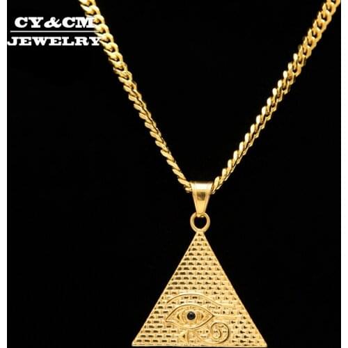 CY&CM Men Ancient Egyptian Pyramid Eye Of Horus Gold Pendant Necklace Hip Hop Stainless Steel Illuminati Necklace Punk Jewelry