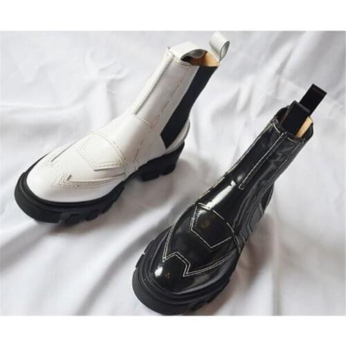 Fornihapfirafs Black Leather Sewing Patckwork Women Ankle Boots Platform Stacked Heels Slip-On Woman Short Boots New Shoes Woman