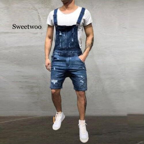 2020 Oversize Fashion Mens Ripped Jeans Jumpsuits Shorts Summer Hi Street Distressed Denim Bib Overalls For Man Suspender Pants