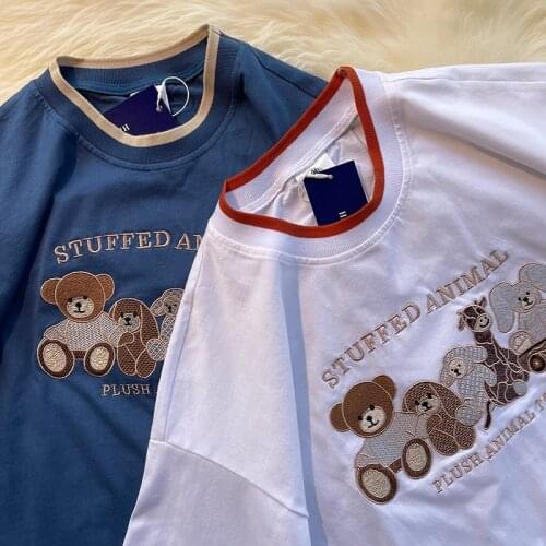 Retro Bear Embroidery Cotton T Shirts Women Overszied Tshirts 2021 Summer New Korean Trend Graphic Tee Harajuku Teens Girls Tops