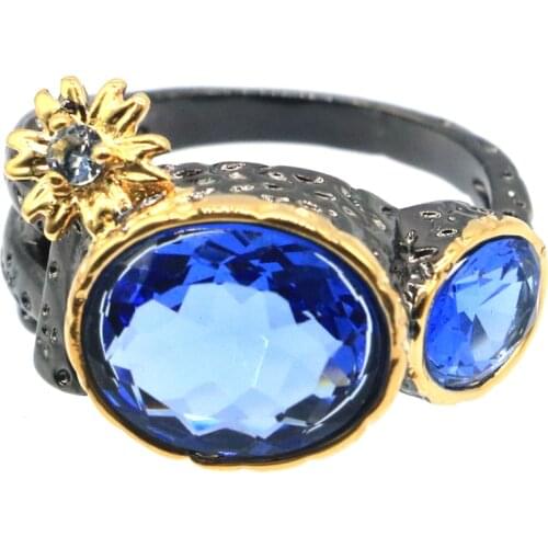 16x12mm Neo-Gothic Vintage Created London Blue Topaz Smokey Quartz Blood Ruby Women Color Unique Cool Black Metal Silver Rings