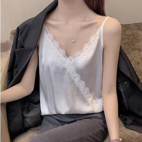 Korean Silk Women Blouse Tops Women V-neck Satin Blouse Tops Woman Lace Embroidery Blouses Basic Top Plus Size Woman White Top