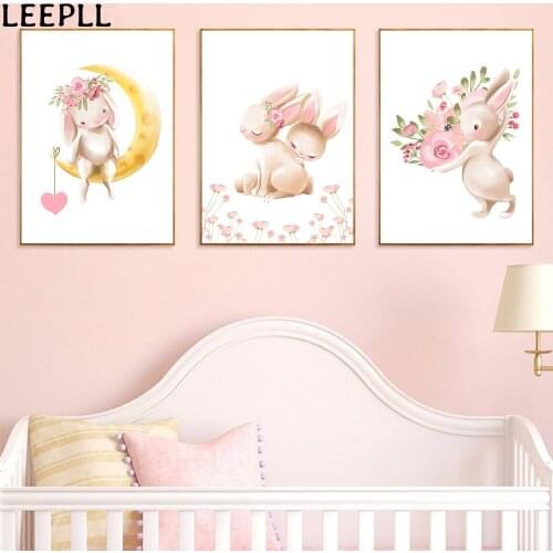 Bunny Poster Schilderijen Animal Nursery Wall Art Print Konijn Canvas Schilderij Bloem Nordic Muur Foto Meisje Babykamer Decorat