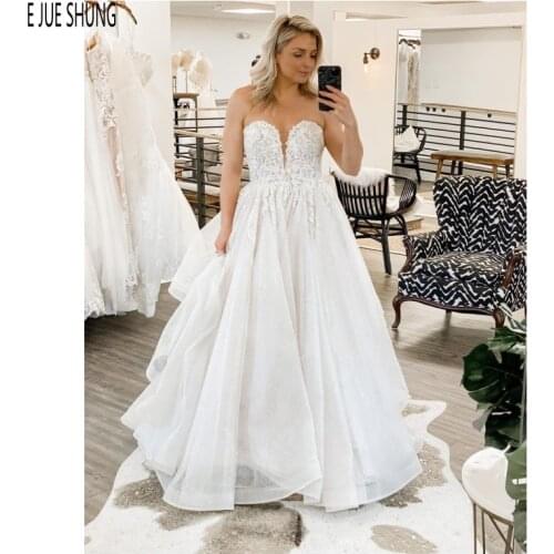 EJUE SHUNG Sweet Boho Wedding Dresses Sweetheart Neck Zipper Back Elegant Appliques Sleeveless Wedding Gowns Vestido De Novia