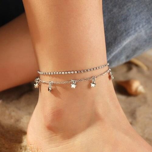 QiLuxy Fashion Star Tassel Zircon CZ Pendant Anklets for Women Simple Summer Beach Staly Charm Anklet Foot Jewelry