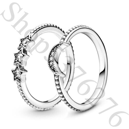 Authentic 925 Sterling Silver Celestial Moon & Stars Fashion Ring Set For Pandora Women Bead Charm Gift DIY Jewelry