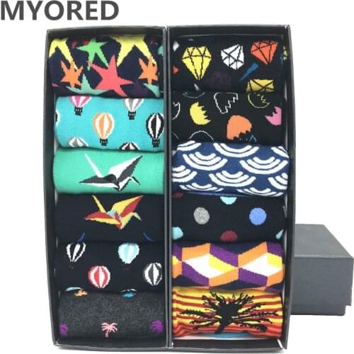 MYORED 12 pairs/ lot Classic Colorful For Mens combed cotton socks Fruit geometric animal print Casual dress Funny Socks NO BOX
