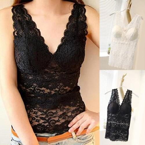 2020 New Fashion Women Sexy Solid Color Deep V Neck Lace See Through Padded Vest Slim Tank Top Vest