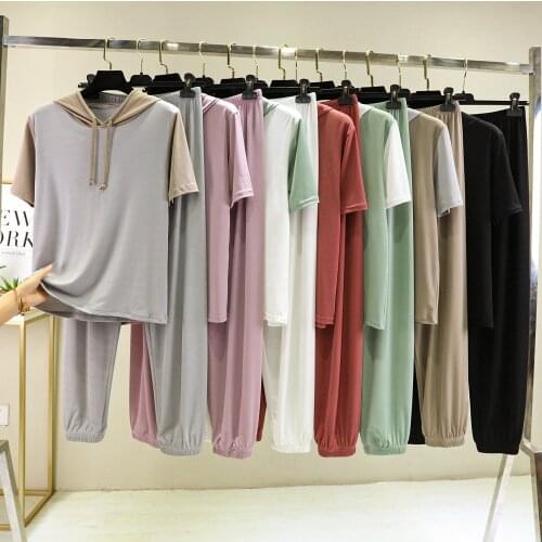 Summer New home suits Ice Silk Hoodie Harem Pants Two-Piece Set Korean Style Loose-Fitting 2 pieces set women casual Suits