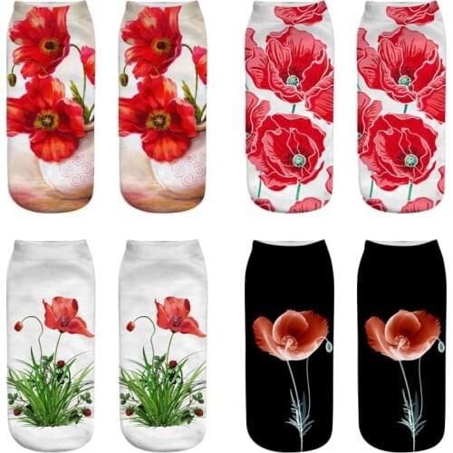 New Fashion Unisex Meias Female Floral Sock 3D Printing Sock Women Funny Low Ankle Cartoon Socks Poppy Flower Sox Girl Gift