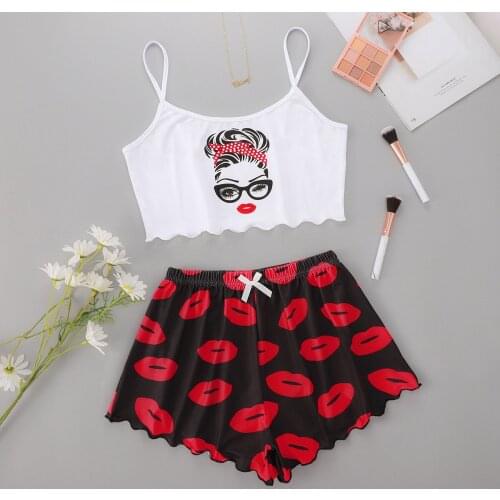 Womens Sexy Pajama Sets Cartoon Pattern Pajamas Strap Sleeveless Cami Set Sleepwear Female Summer Pijamas Cotton Wear Home Suit