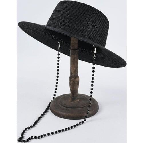European And American Debutante Chain Pearl Pendant Flat-topped Straw Hat Woman Summer Beach Resort Big-brimmed