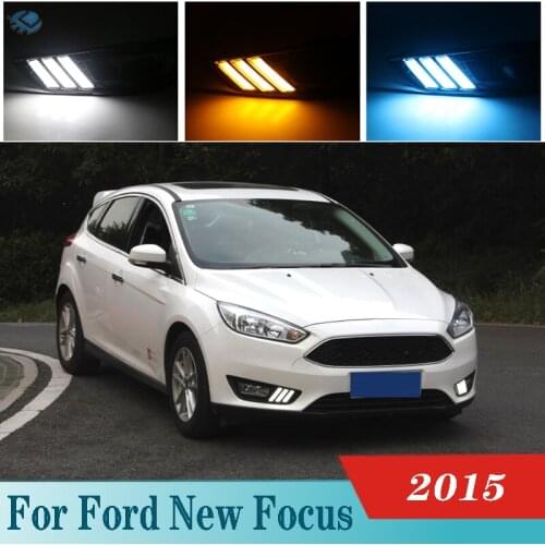 LED Daytime Running Lights For Ford New Focus 2015 DRL 3 color with Fog lamp hole Yellow Turn Signal lamp Blue Night light 2pcs