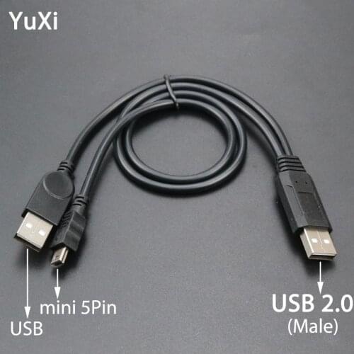 YuXi 2 in 1 USB 2.0 Double USB 2.0 Type A Male to Mini 5 Pin Male Y Cable For 2.5" Mobile Hard Disk Drive HDD Date Power Cable