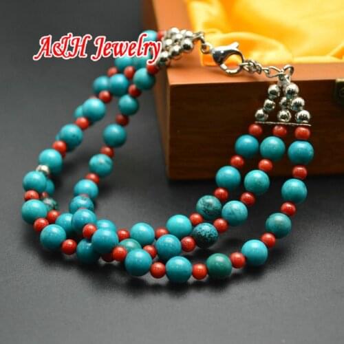 Fashion Women Jewelry Natural 6mm Blue Green Stone 4mm Red Coral Multi-layer Bracelets