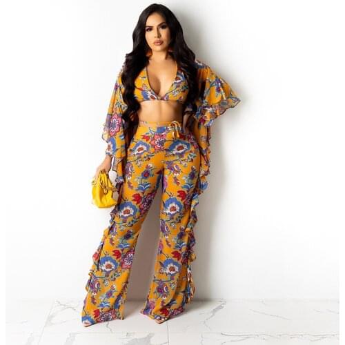 2021 Best Quality Famous Brand 2 pcs Women Set Print Ruffles V-neck Long Sleeve Short Tops Long Pants Summer Sexy Outfits