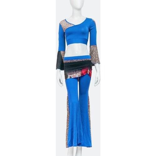 Hot Women leopard Belly Dance Costume dance Clothes Sexy lesson training Practice wear dancer indian belly dance top long pants