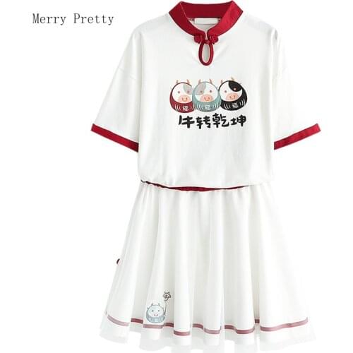 Women White Casual Dress Sets Hight Waist Mini Pleated Skirts And Short Sleeve Cartoon Print T Shirts 2021 Summer 2 Piece Set