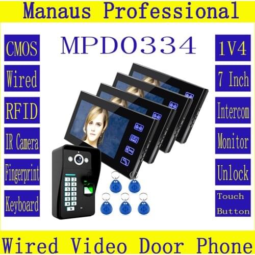 1V4 New 7 Inch Lcd Touch Key RFID Monitor + HD 1000 TVL IR Camera Fingerprint Recognition Video Door Phone Intercom System D0334