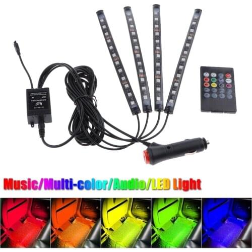 4pcs 12 LED 7 Color RGB Strips Sound Remote Control Activated Car Interior Light