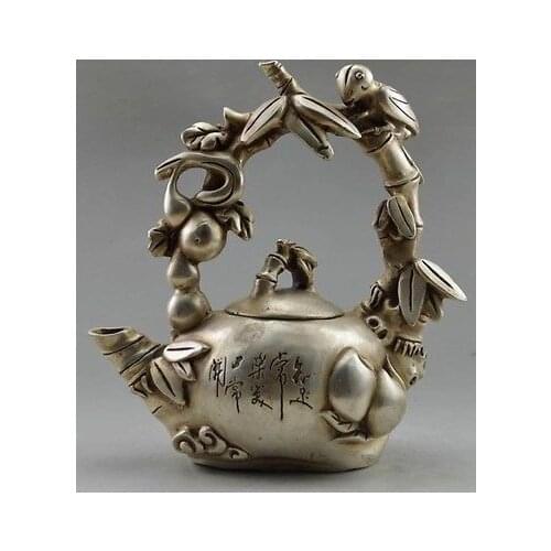 8"Chinese fengshui Silver leaf leaf peach cucurbit bamboo Wine Tea Pot Flagon wedding copper Decoration real Brass