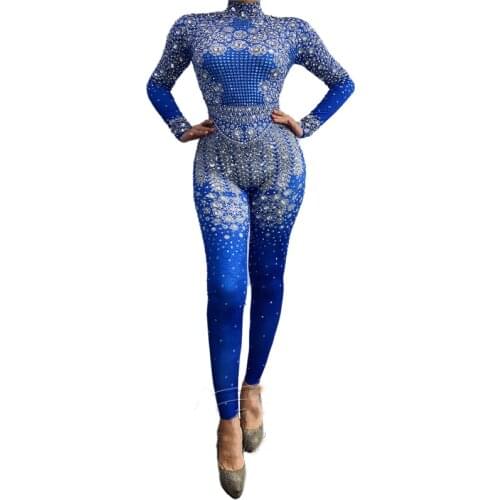 Sparkly Blue Full Rhinestone Stretch Jumpsuit Women Stage Performance Costume Acrobatic Dance Suit Rave Festival Clothes XS1807
