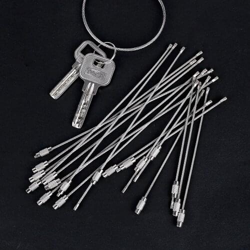 Stainless Steel Keychain 10Pcs 10cm 20cm Keychain Tag Rope EDC Wire Cable Loop Screw Lock Gadget Ring Key Keyring Hand Tool