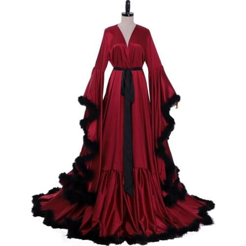 Long Bridal Boudoir Feathers Bridal Robe Red Dress Wedding Scarf Evening Gown Bathrobe Fur Trim Costume Homecoming Party Gown