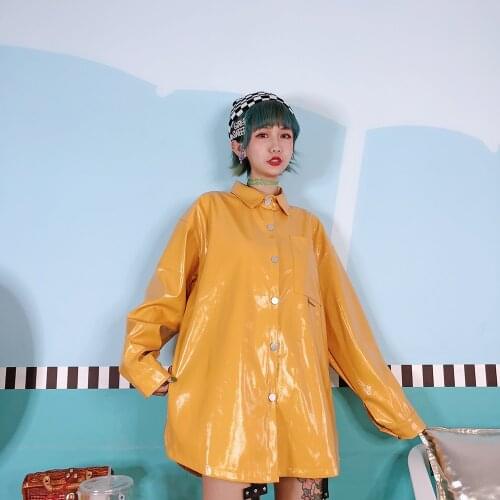 PU skin lacquer leather long sleeved lapel, ancient yellow loose shirt shirts