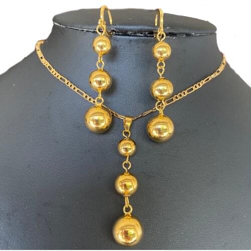 Classic Gold Color Beads Chain Necklace Earrings for Women 3 Ball Pendant Jewelry sets Arab/Africa Ethiopian Party Jewelry Gift