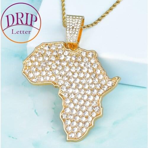 African Map Pendant Necklace Gold Color Bling Rhinestone Crystal For Men Hip Hop Necklace Fashion Jewelry