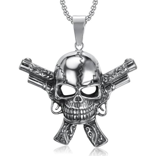 Stainless Steel Double Gun Skull Pendant Necklaces Best Mens Gift