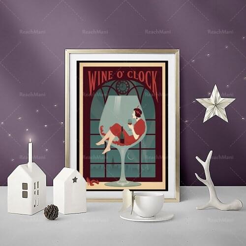 Wine clock posters, girls and wine posters, girls like wine art, wine and dog posters decorate the wall unique gifts at home