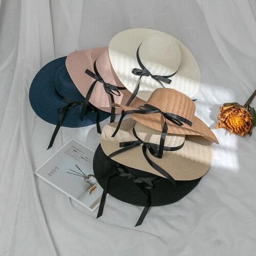 Summer Lace Bowknot Girls Straw Sun Hat Wide Brim Floppy Women Outdoor Sunscreen Beach Caps Solid Simple Foldable Gorro Hats