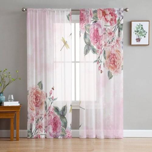 Tulle Curtains for Living Room Pink Flower Dragonfly Bedroom Study Window Sheer Curtains Kitchen Balcony Interior Voile Curtains