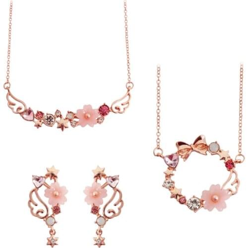 Japanese Pink Card Captor Sakura Pendant Necklace Rhinestone Cute Bowknot Angel Wing Sailor Moon Star Necklace For Women Girls