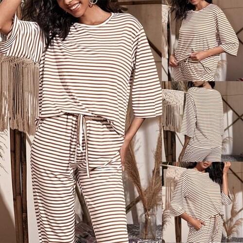 Womens Striped Printed Off Shoulder Three-Quarter Sleeve T-Shirt Tops