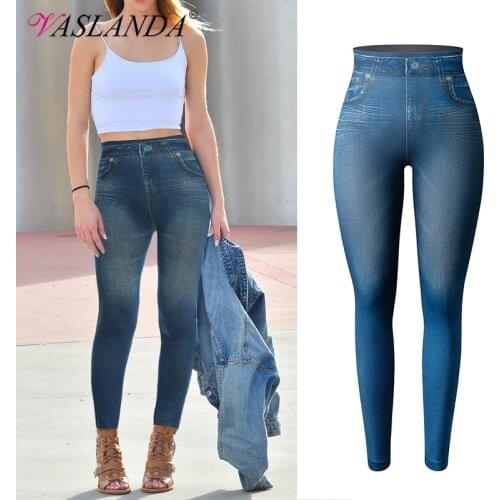 Women Jeggings Faux Denim Jeans Leggings High Waisted Tummy Control Slim Leggins Printed Pencil Pants Seamless Skinny Trousers