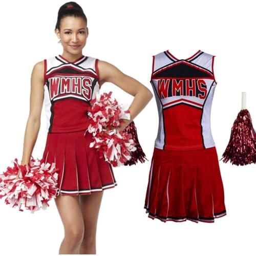 XS-2XL High School Girl Cheerleader Costume Cheer Uniform Cheerleading Outfit Top+ Skirt+ Pompom