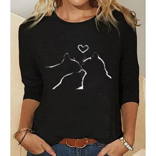 Knitted Long Sleeve Cat Animal Print Round Neck Womens 2021 Spring and Autumn Leisure Long Sleeve Womens Mujer Top Pullover