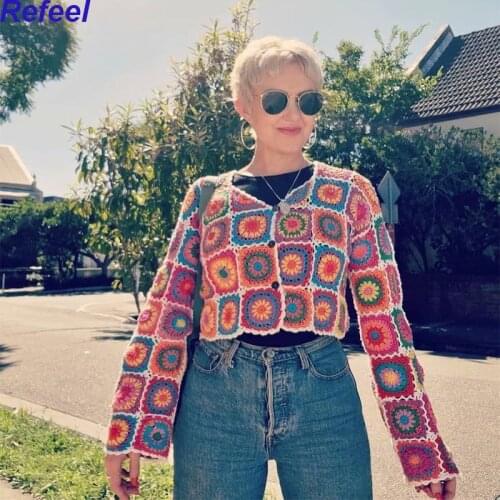 Boho Crochet Jacket Sweater Colorful Handmade Floral Knitted Hollow Out Women Jackets Outwear Hippie Ladies Female Top