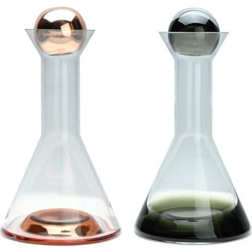 Home decoration gradient copper 2 pcs red wine glass whisky cup and decanter wine glass with metal ball