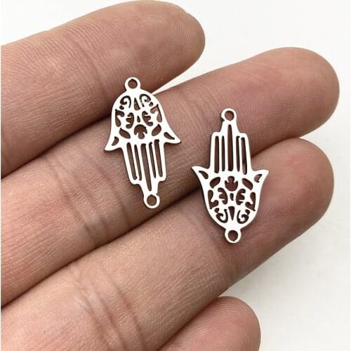 6PCS 12*20mm 100% Stainless Steel Hamsa Hand Connector For Jewelry Diy Making Handmade Double Pattern Fillgree Hand Charm