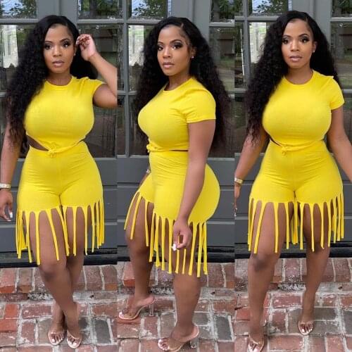 Adogirl 2 Piece Set Solid Short Sleeve T-shirt And Tassel Shorts Skinny Bodycon Tracksuit Fitness Sportwear Party Club Outfits