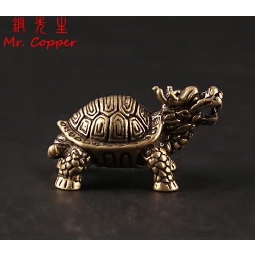 Antique Copper Chinese Mythical Beast Dragon Head Turtle Body Miniatures Figurines Desktop Animal Toy Ornament Decoration Crafts