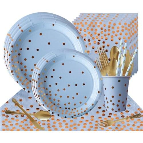 Bronzing polka dot blue tableware set paper cup paper plate for Disposable tableware birthday party supplies decoration