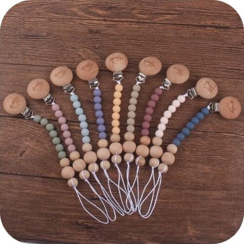 Beech Wood Pacifier Clip 12MM Silicone Beads Eco-friendly Newborn Baby Dummy Holder Chain