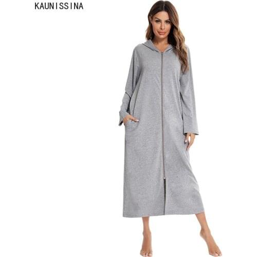 Long Nightgown Women Autumn Winter Sleepwear Nightdress Nightwear Long Sleeve Hooded Zipper Pocket Night Dress Homewear