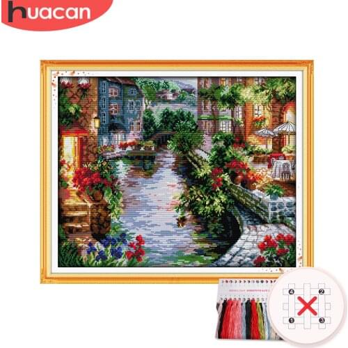 HUACAN Cross Stitch House Scenery Kit Needlework Embroidery Venice Landscape Sets White Canvas DIY Gift Home Decor 11CT 14CT